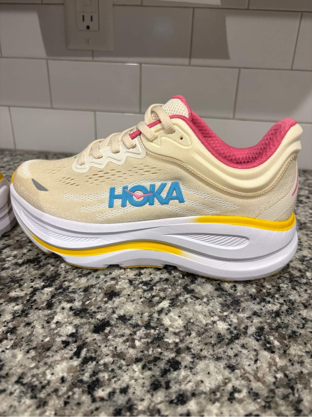 Hoka Bondi 9 Cream Pink Yellow Blue Women's Sneakers - Picture 12 of 15